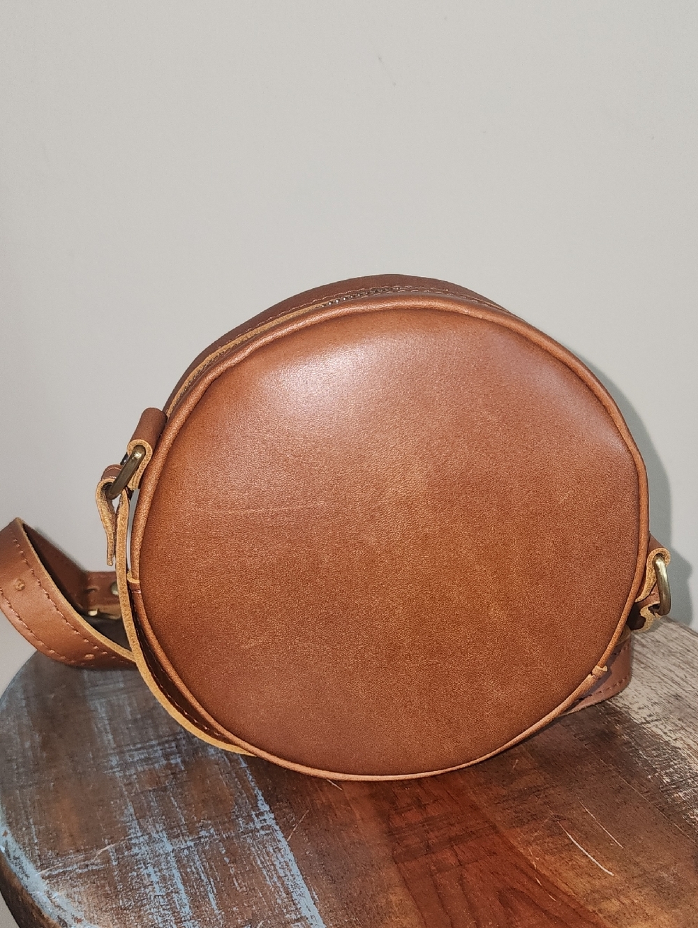 Portland Leather Goods Brown Cognac Small Round Circle Crossbody Bag - Picture 7 of 16